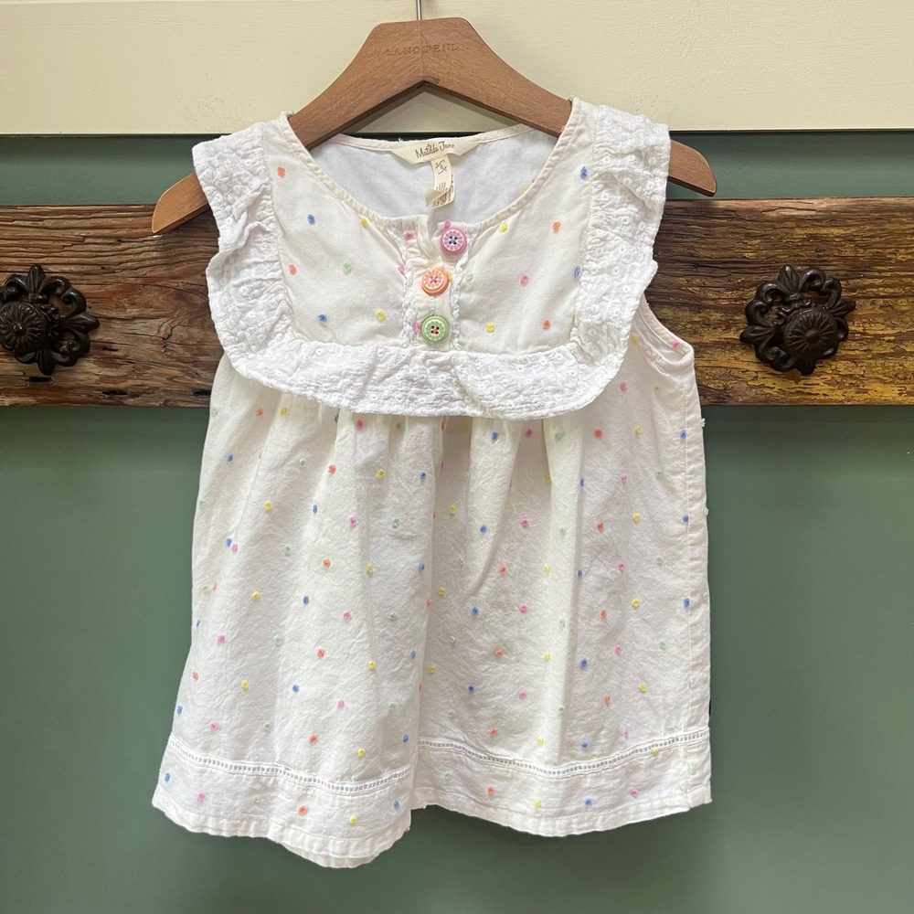 Matilda Jane Girls White Pastel Tufted Polka Dot Eyelet Ruffle Top Size 2 2T